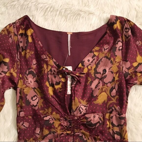 FREE PEOPLE Morning‎ Light Mini Dress Long Sleeve Floral Satin Purple Size 0 New - Picture 4 of 16
